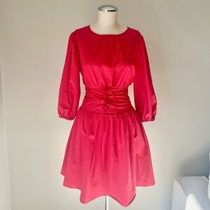 New York & Company Red corset smocked waist puff sleeve dress
